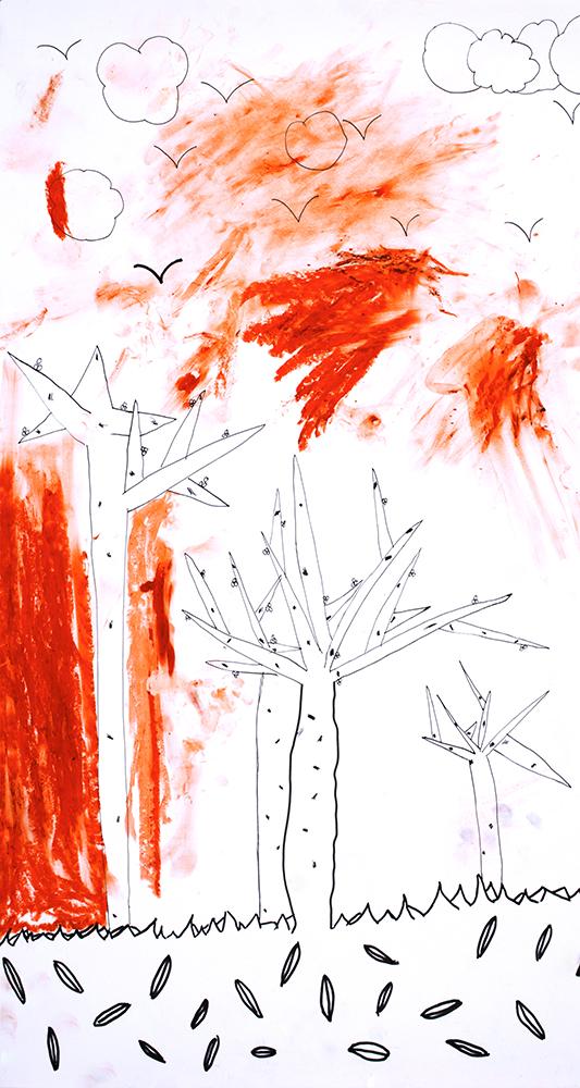drawing of trees with fireworks
